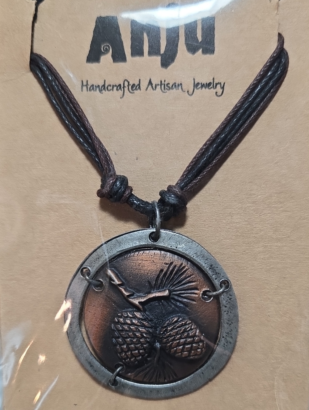 Handcrafted Brown Pinecone Pendant Mixed Metal Unisex Necklace